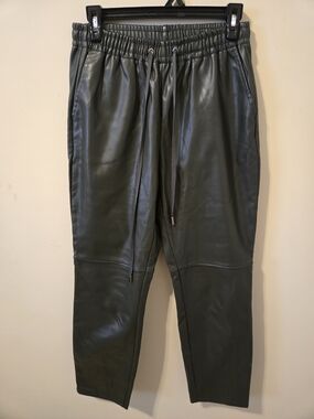 Ladies Green Faux Leather Jogger Pants with Drawstring